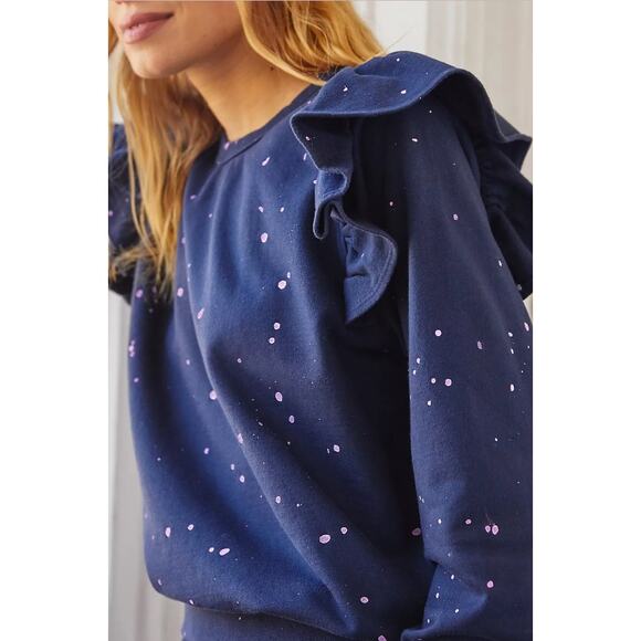 Clare V. Paint Splattered Ruffled Pullover Sweatshirt Navy Purple Womens Medium - Picture 1 of 9